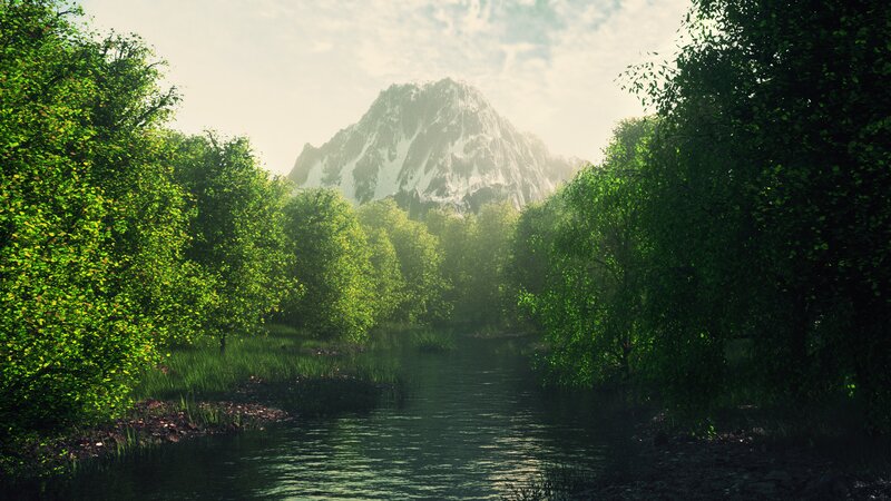 River Through Forest — Green, Serene, Morning, 3d Render, Trees