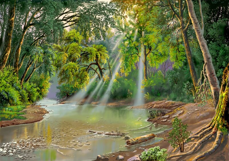 River Through Forest — Green, Serene, Morning, Digital Art