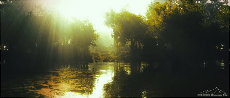 River Through Forest — Green, Serene, Morning, Digital Art, Trees, Sunlight