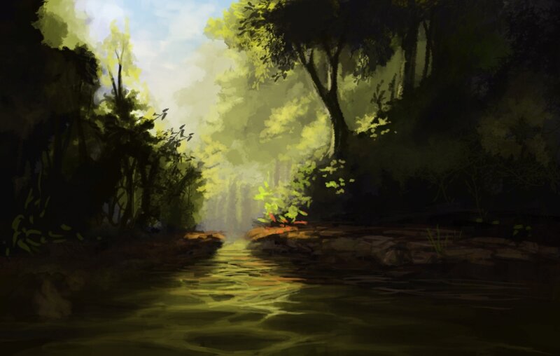 River Through Forest — Green, Serene, Morning, Digital Art, Trees