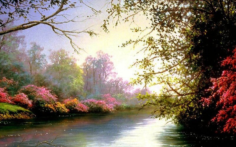 River Through Forest — Green, Serene, Morning, Painting