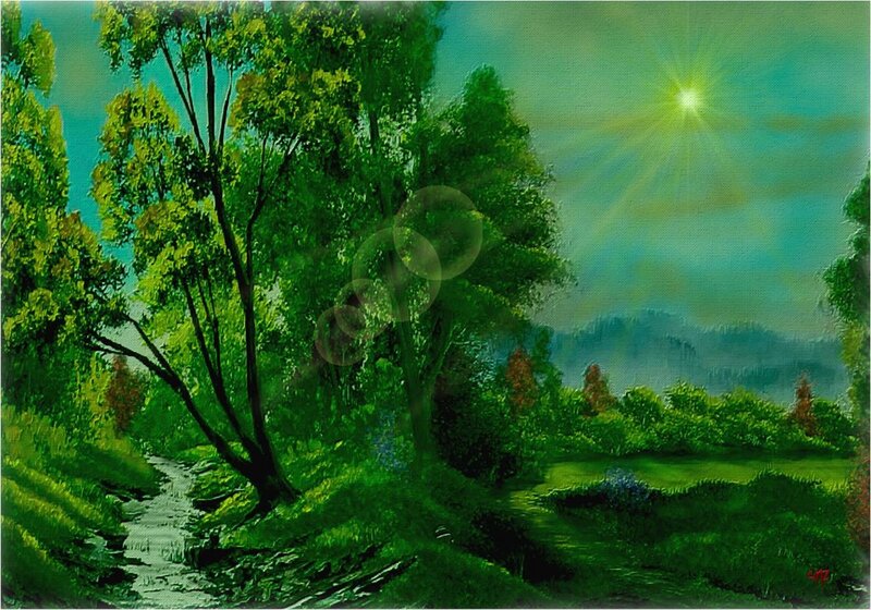 River Through Forest — Green, Serene, Morning, Painting, Trees, Stream