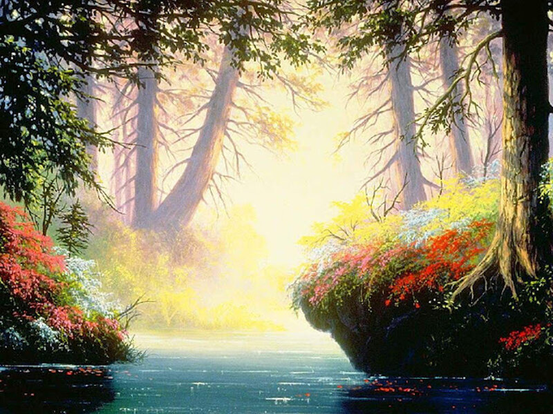 River Through Forest — Green, Serene, Morning, Painting, Trees