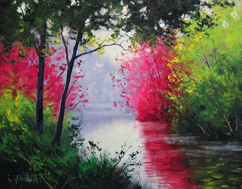 River Through Forest — Green, Serene, Spring, Painting, Trees