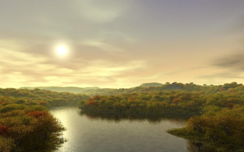 River Through Forest — Green, Serene, Sunset, Digital Art