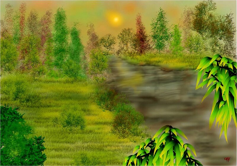 River Through Forest — Green, Serene, Sunset, Digital Art, Trees