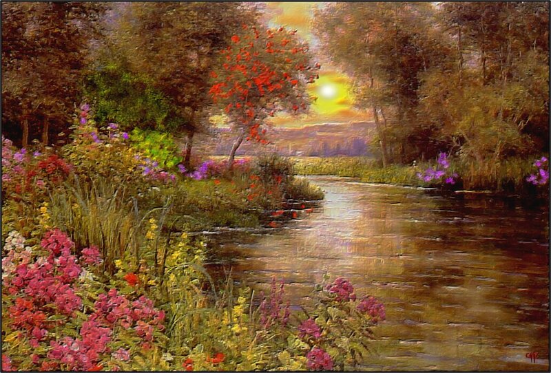 River Through Forest — Green, Serene, Sunset, Painting, Flowers
