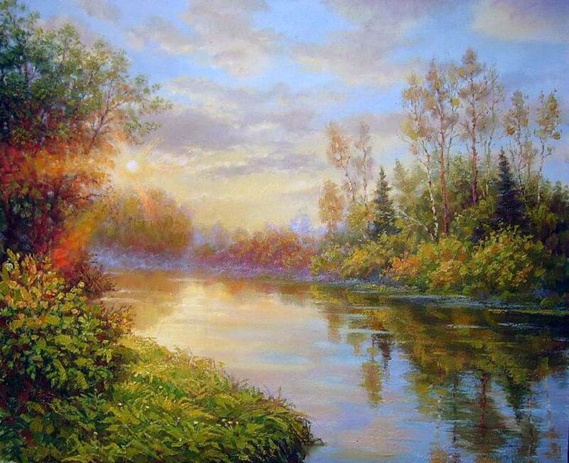 River Through Forest — Green, Serene, Sunset, Painting