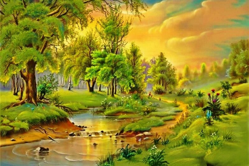 River Through Forest — Green, Serene, Sunset, Painting, Trees, Flowers, Path