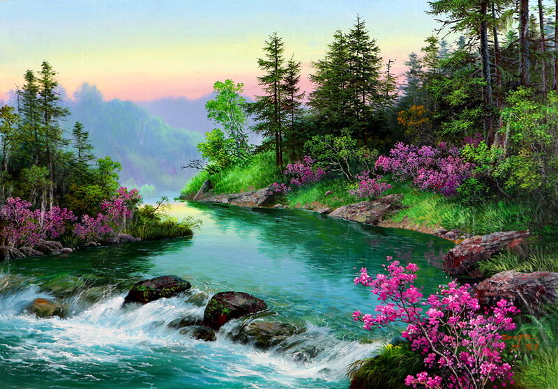 River Through Forest — Green, Serene, Sunset, Painting, Trees, Flowers, Rocks