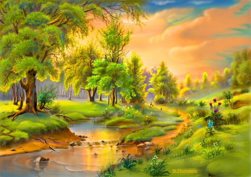 River Through Forest — Green, Serene, Sunset, Painting, Trees, Flowers