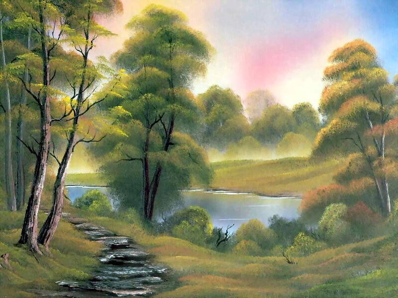 River Through Forest — Green, Serene, Sunset, Painting, Trees, Path, Hills