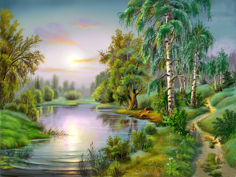 River Through Forest — Green, Serene, Sunset, Painting, Trees, Path, Sun
