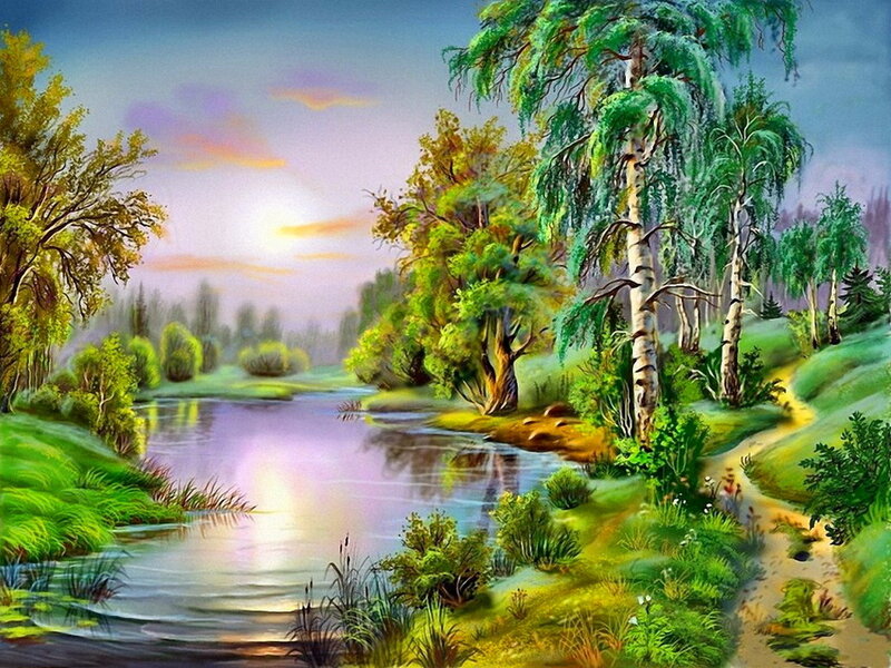 River Through Forest — Green, Serene, Sunset, Painting, Trees, Path
