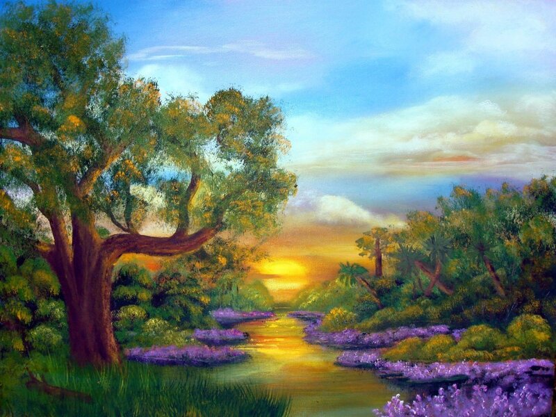 River Through Forest — Green, Serene, Sunset, Painting, Trees
