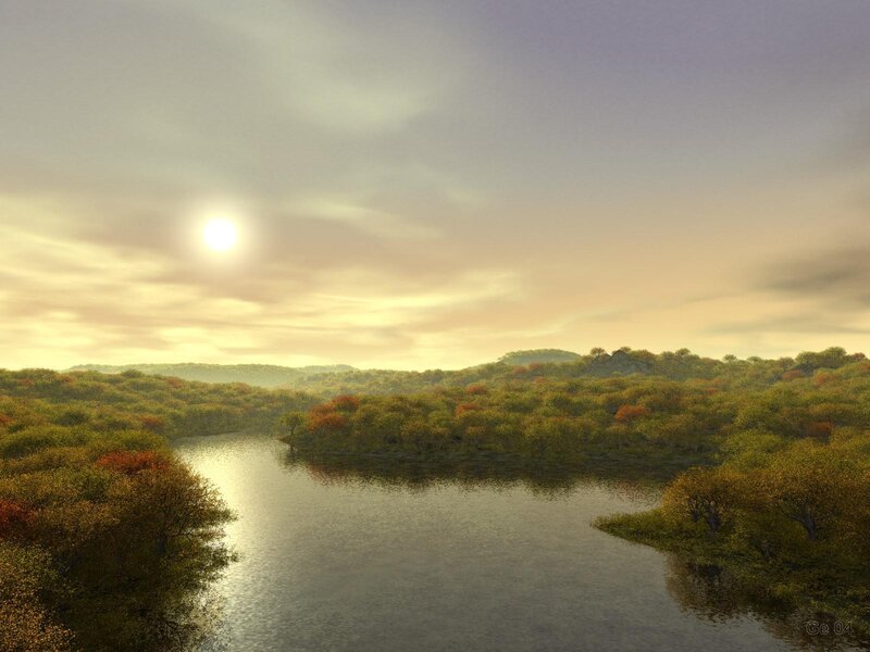 River Through Forest — Green, Serene, Sunset