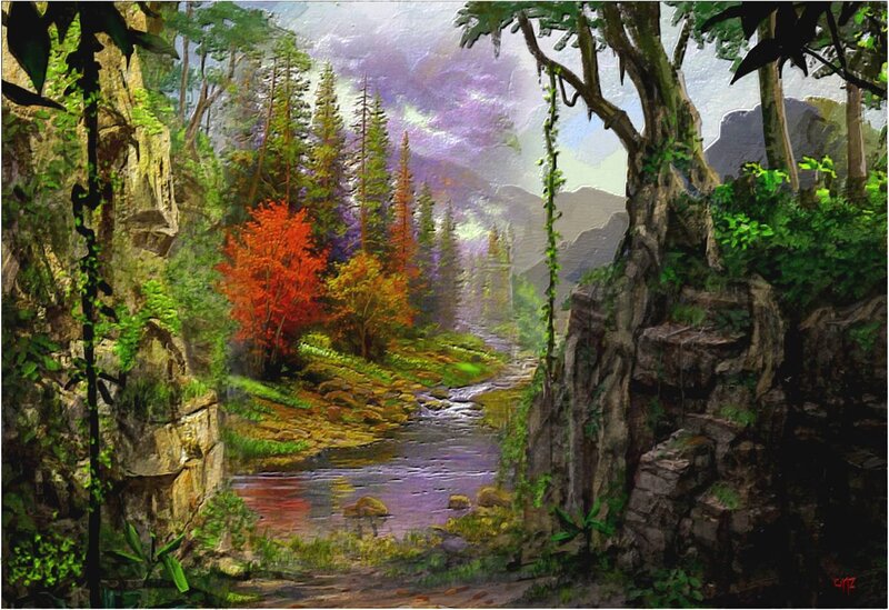 River Through Forest Valley — Green, Serene, Autumn
