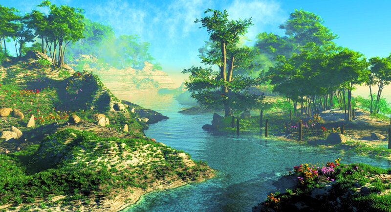 River Through Forest Valley — Green, Serene, Morning