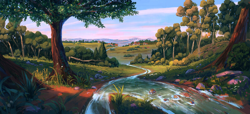 River Through Forest Valley — Green, Serene, Sunset
