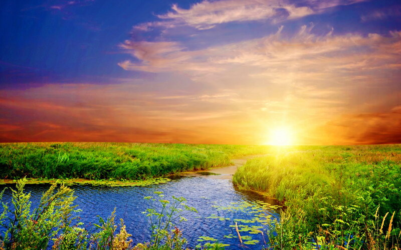 River Through Grassland — Blue, Serene