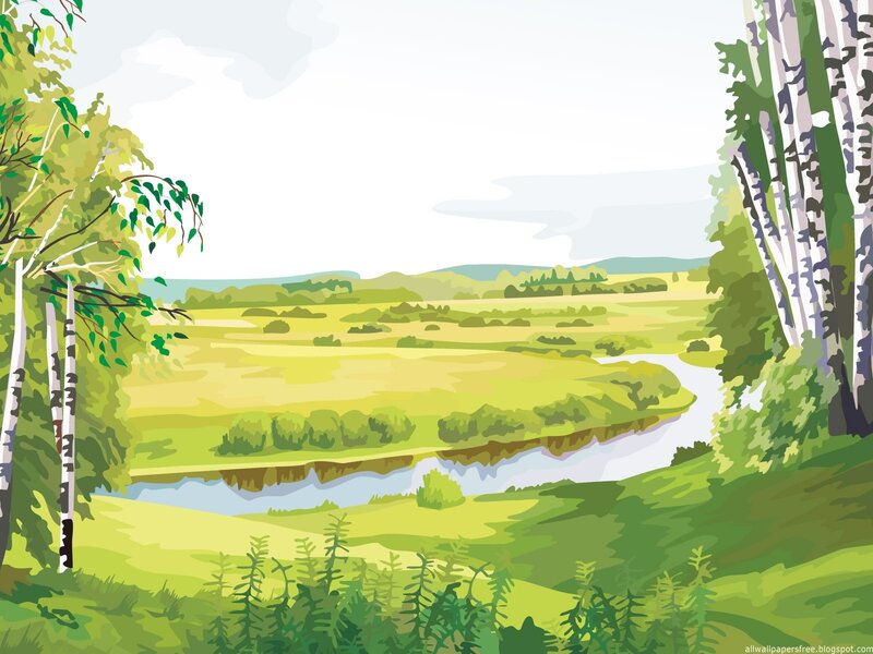 River Through Green Fields — Serene, Afternoon, Illustration