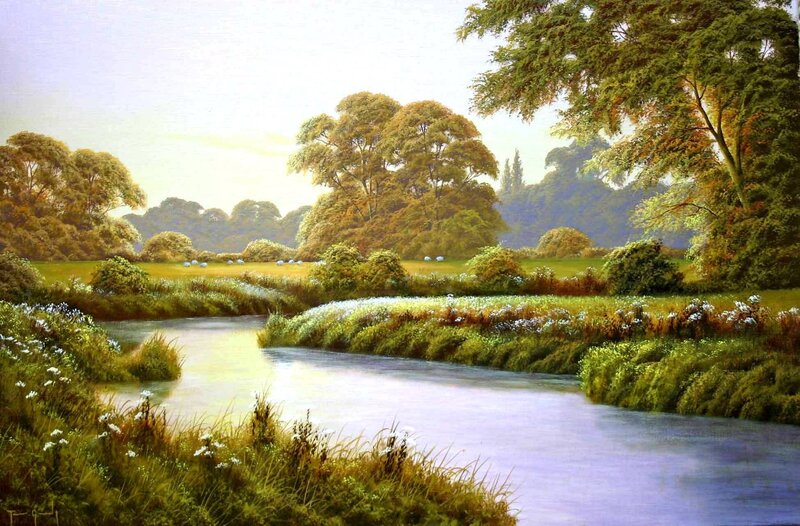 River Through Green Fields — Serene, Afternoon, Painting