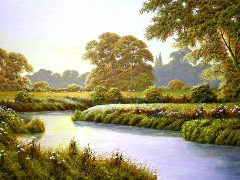 River Through Green Fields — Serene, Afternoon, Painting, Trees