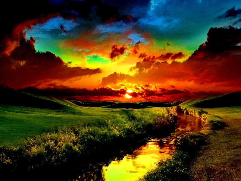 River Through Green Hills — Dramatic, Sunset, Digital Art, Sky, Clouds