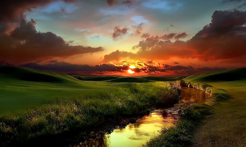 River Through Green Hills — Dramatic, Sunset, Digital Art