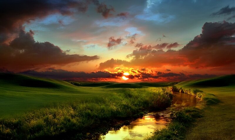 River Through Green Hills — Dramatic, Sunset, Photograph, Clouds, Grass
