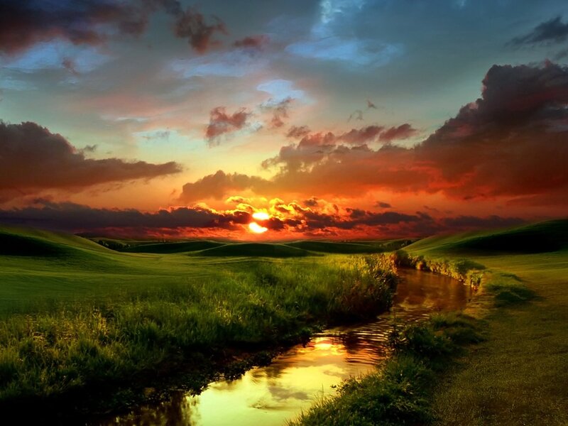 River Through Green Hills — Dramatic, Sunset, Photograph, Clouds