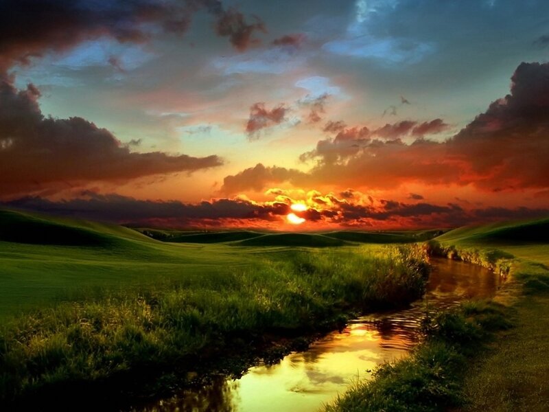 River Through Green Hills — Dramatic, Sunset, Photograph, Sun, Clouds