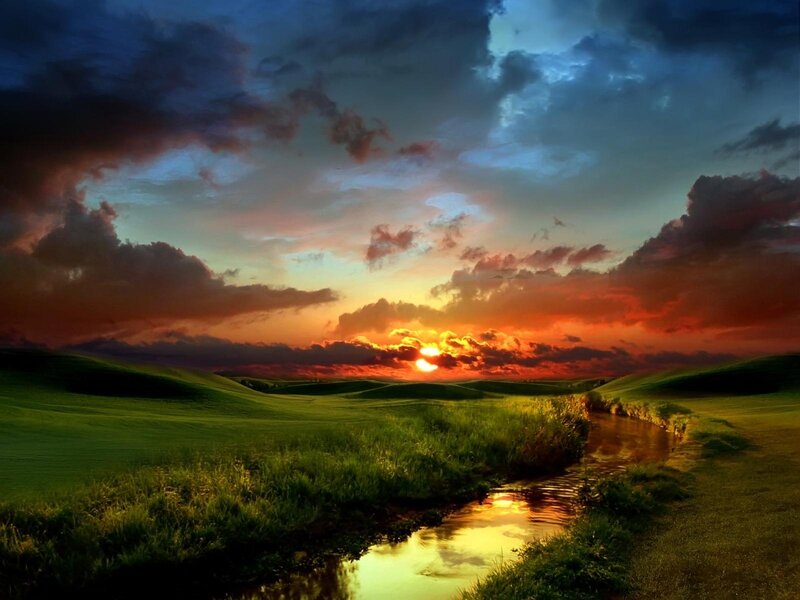 River Through Green Hills — Dramatic, Sunset, Photograph, Sun