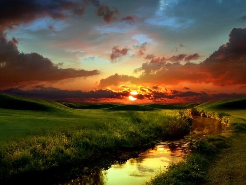 River Through Green Hills — Dramatic, Sunset