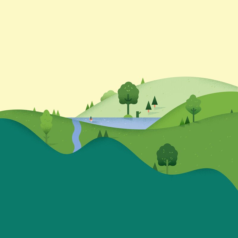 River Through Green Hills — Serene, Afternoon