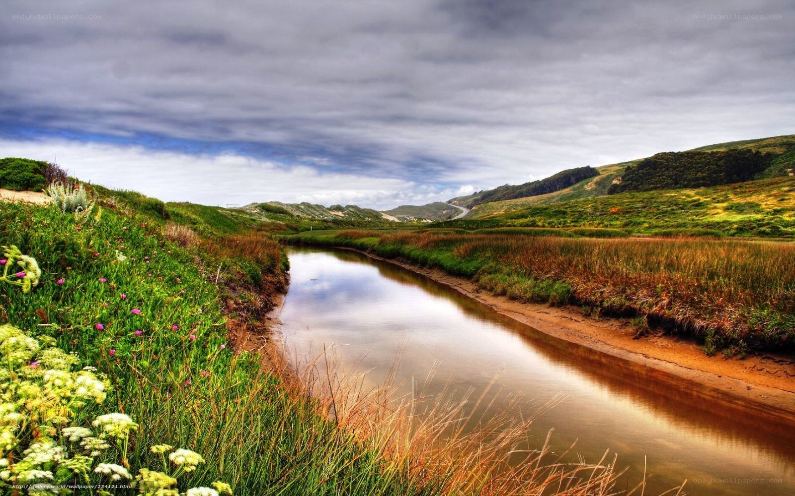 River through green hills