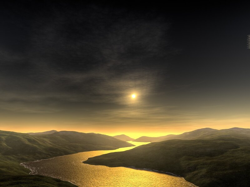 River Through Hills at Sunset