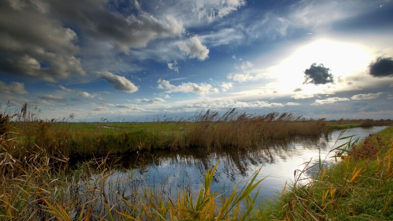 River Through Marshland — Blue, Dramatic, Afternoon, Photograph