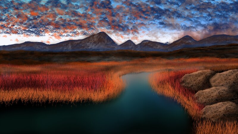 River Through Marshland — Blue, Dramatic, Sunset, Digital Art