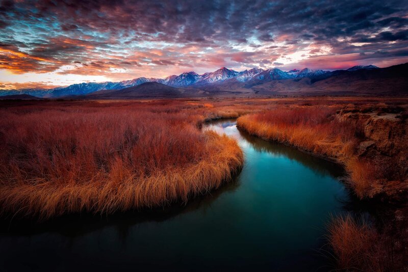 River Through Marshland — Blue, Dramatic, Sunset, Photograph, Mountains