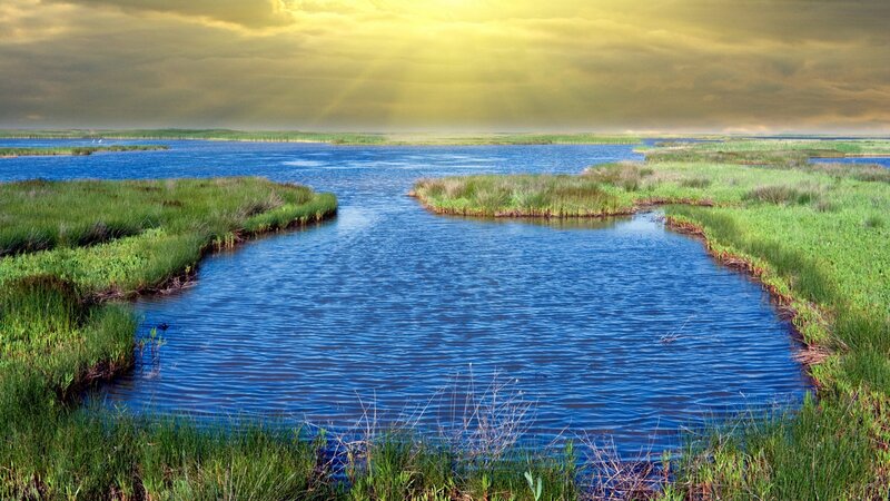 River Through Marshland — Blue, Dramatic, Sunset