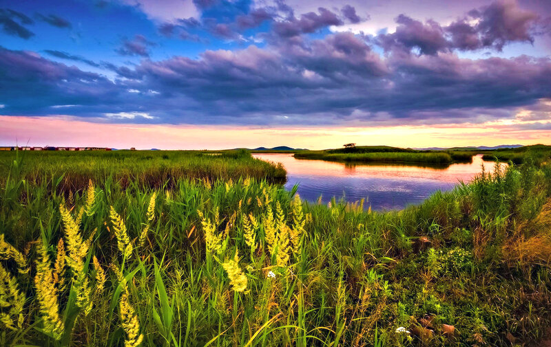 River Through Marshland — Blue, Dramatic