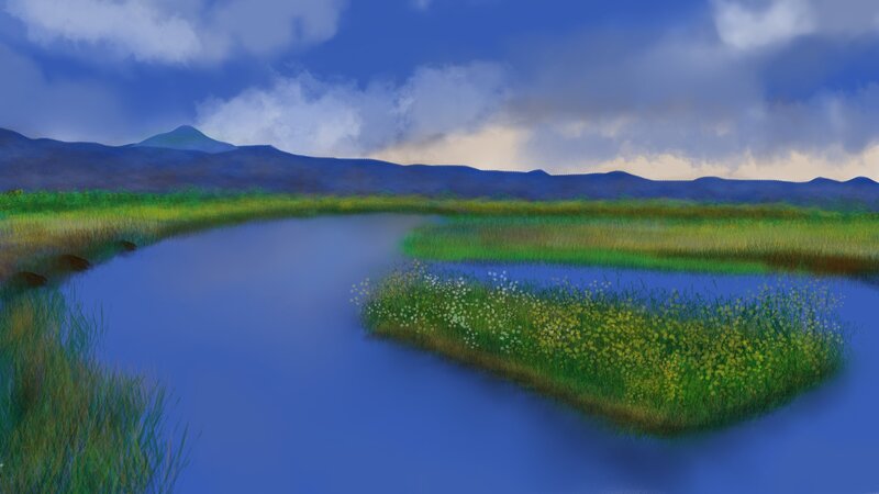 River Through Marshland — Blue, Serene, Afternoon