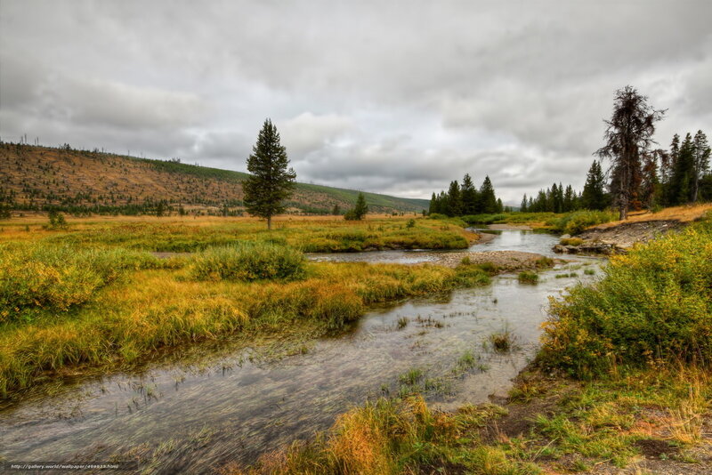 River through meadow under cloudy sky