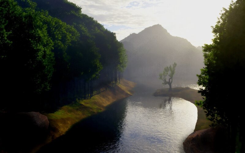 River through misty forest