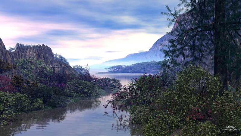 River Through Mountain Valley — Blue, Serene, Sunset