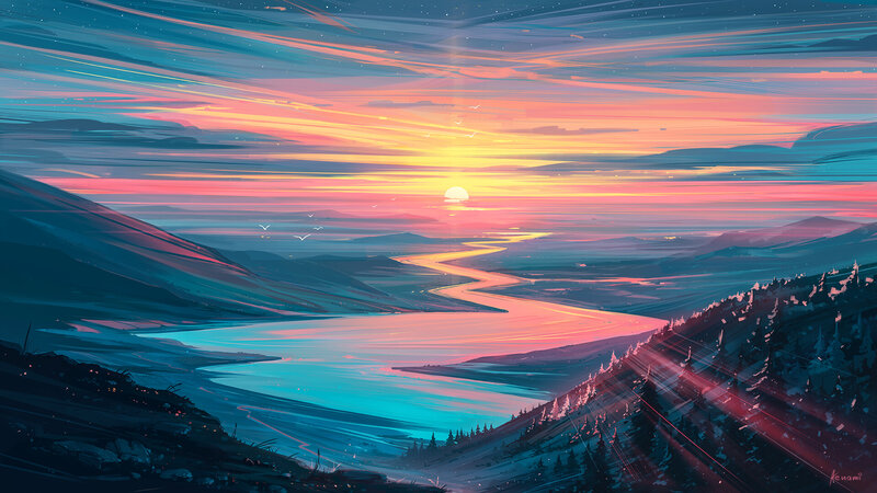 River Through Mountain Valley — Blue, Serene