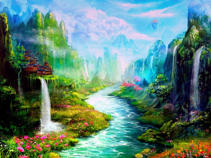 River Through Mountain Valley — Green
