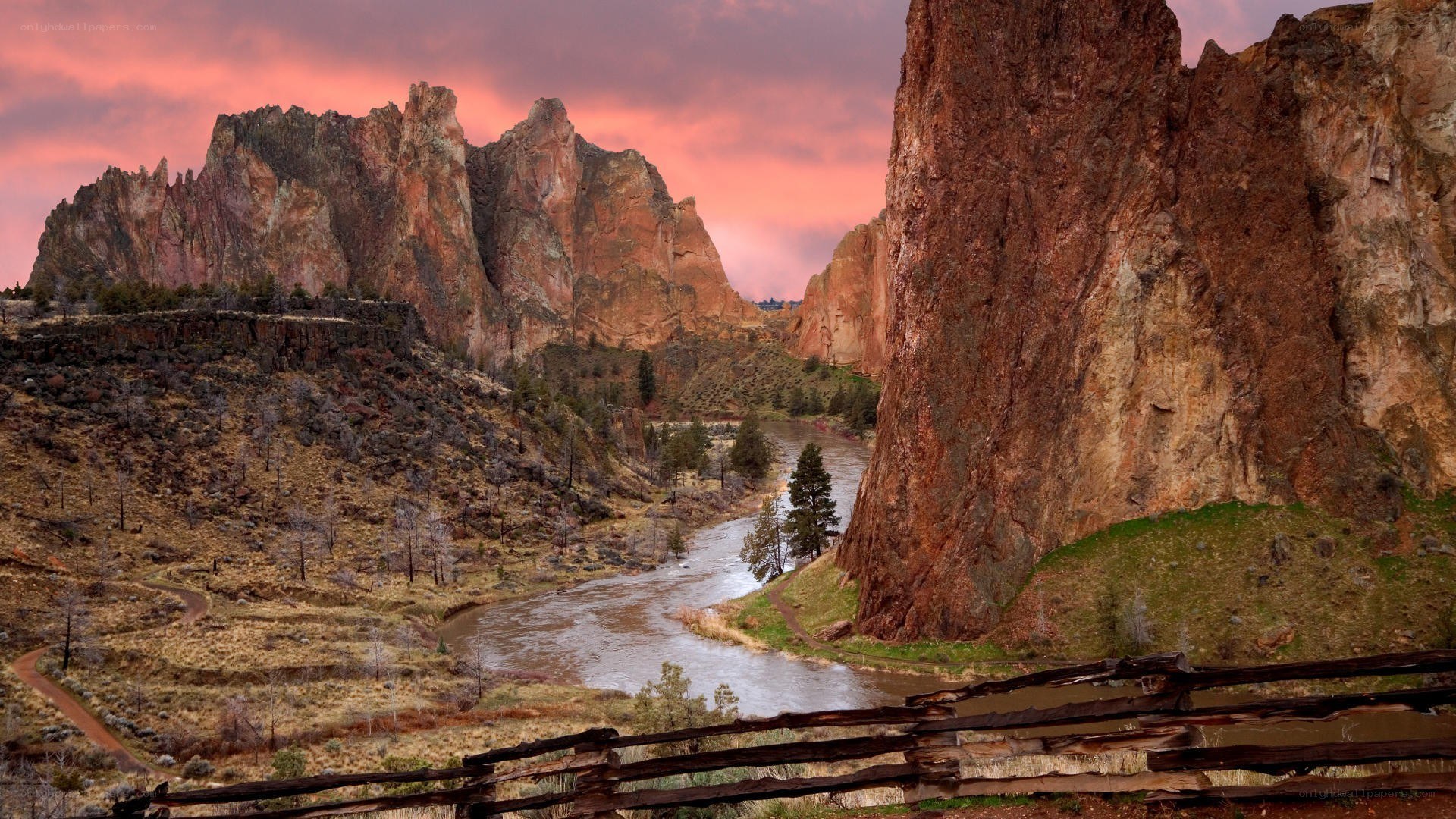 river through rocky canyon at sunset