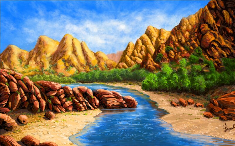 River Through Rocky Canyon — Blue, Serene, Afternoon
